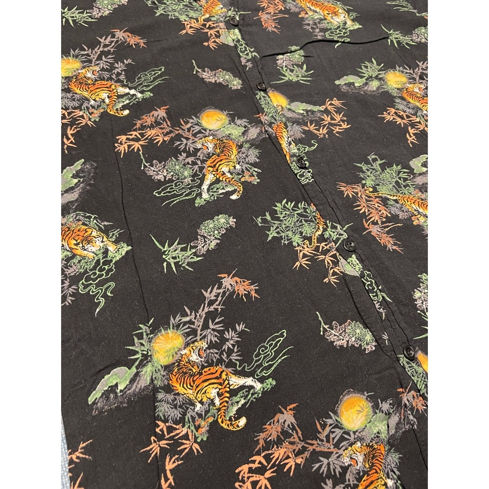 Carbon Mens Tiger Bamboo Print Short Sleeve Button Down Shirt Black Large - Picture 3 of 6